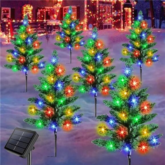 6-Pack Solar Small Christmas Trees for Outdoor Decorations, 120 LED Artificial - Picture 1 of 8